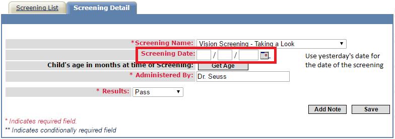 Input the Vision Screening information.