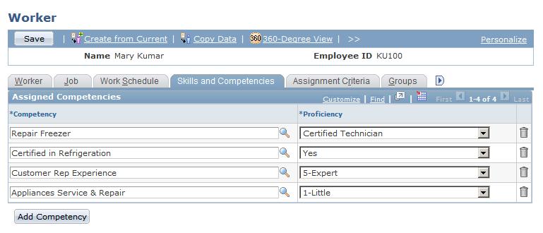 Defining Workers Chapter 12 Navigation Select the Skills and Competencies tab from any page in the Worker component.