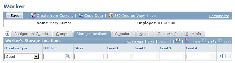 Defining Workers Chapter 12 Navigation Select the Storage Locations tab from any page in the Worker component.