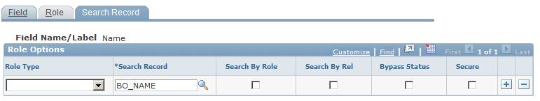 Chapter 15 Setting Up Business Object Search and Quick Create Navigation Set Up CRM, Common Definitions, Customer, BO Search, Field, Search Record Image: Search Record page This example illustrates