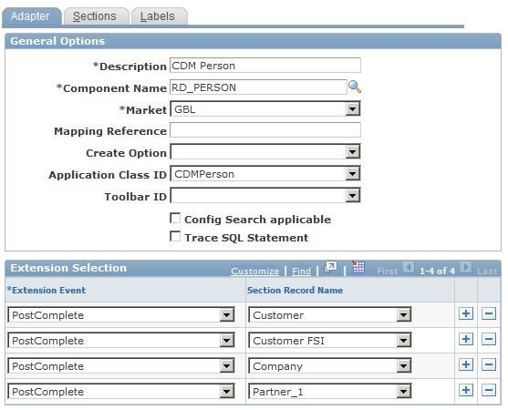 Chapter 15 Setting Up Business Object Search and Quick Create Navigation Set Up CRM, Common Definitions, Customer, BO Search, Adapter, Adapter Image: Adapter page This example illustrates the fields