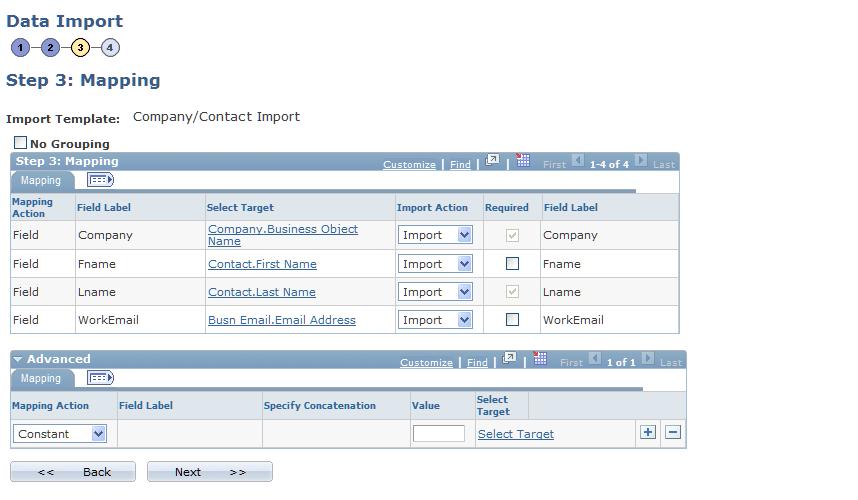 Chapter 18 Importing Data into PeopleSoft CRM Navigation Click the Next button on the Data Import - Step 2: Define Import File page.