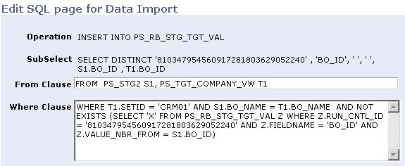 Chapter 18 Importing Data into PeopleSoft CRM Page Name Definition Name Usage Edit SQL page for Data Import Page RB_EDIT_SQL Edit a SQL statement.