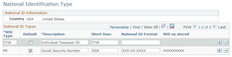 Chapter 3 Defining Control Values for Business Objects National Identification Type Page Use the National Identification Type page (NID_TYPE_TABLE) to define national ID types.