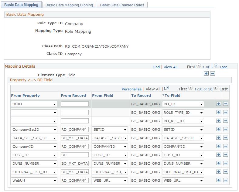 Defining Control Values for Business Objects Chapter 3 Navigation Set Up CRM, Common Definitions, Customer, Basic Data Mapping, Basic Data Mapping Image: Basic Data Mapping page This example