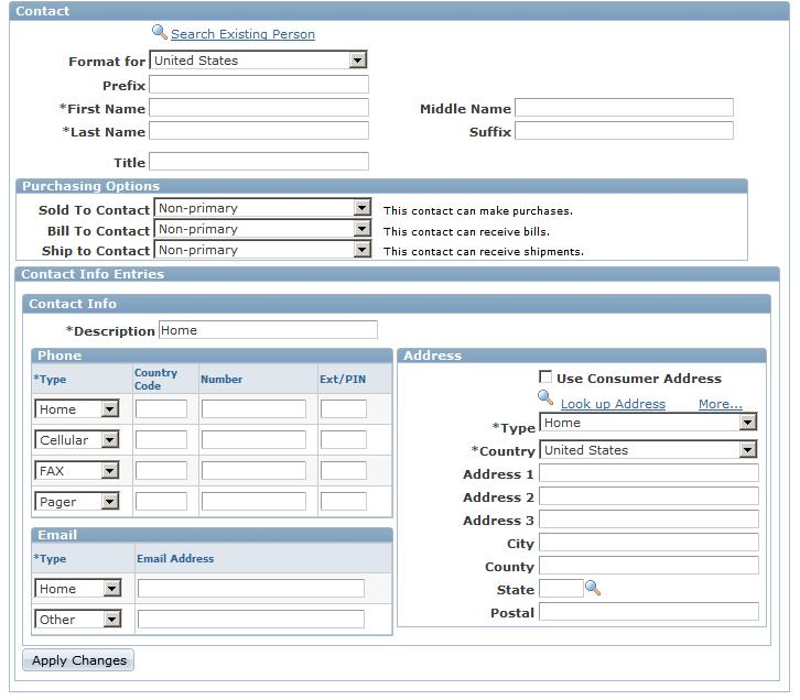 Defining Name and Address Information for Business Objects Chapter 4 Image: Create Contact of <customer> page (2 of 2) This example illustrates the fields and controls on the Create Contact of