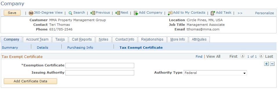 Defining Tax Exempt Certificate Information for Companies, Consumers and Sites Chapter 6 Navigation Click the Tax Exempt Certificate link on the Company - Summary page.