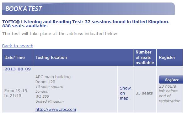 Click on Search. The full list of all sessions for that test type in that country/city and during the time frame selected will be displayed.