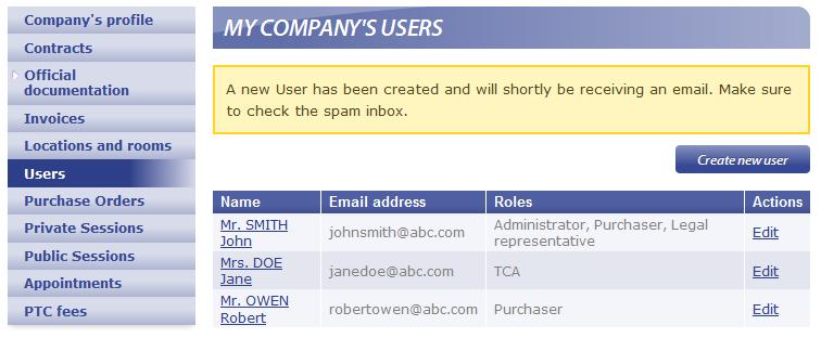 As a user with the role Administrator, click on Create new user to fill-in the user s contact details. Select one or several role(s) according to the status required and click on Save.