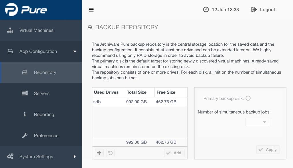 5.6 Configuring Additional Backup Repositories Additional backup repositories can be configured by selecting the Repository tab in the left side menu.