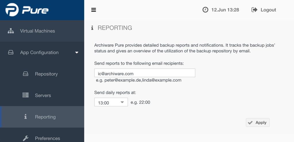 5.8 Reporting Archiware Pure can be configured to automatically send a detailed daily backup report by email.