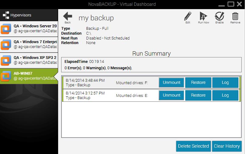 Restoring a Backup To restore a VMware backup, browse to the previously configured VMware backup job and click it.