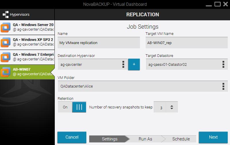 After clicking "Replication" users are presented with the following options: Name: The name of the backup job within the Virtual Dashboard Target VM Name: The name of the virtual machine at its