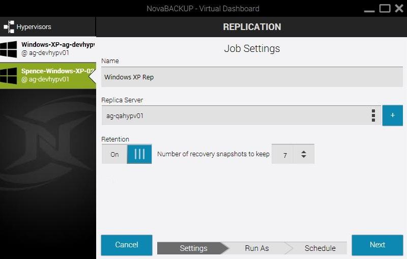 After clicking "Replicate" users are presented with the following options: Name: The name of the backup job within the Virtual Dashboard Replica Server: This is the destination, or target, hypervisor.