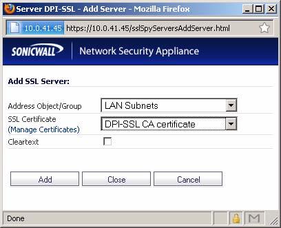 2. Click the Add button. SSL Offloading 3. In the Address Object/Group pulldown menu, select the address object or group for the server or servers that you want to apply DPI-SSL inspection to. 4.