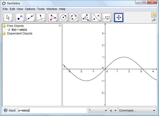 You can create and modify trigonometric equations by using the Input Bar at the bottom of the GeoGebra window. You can use radian measure or degrees. The default mode is radian measure.
