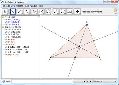 medians: select the Ray through Two Points. Connect the vertex with the midpoint of the opposite side.