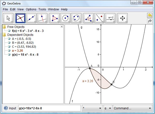 You can also calculate the area between two curves The following command will yields the definite integral of the difference f(x) g(x) in the interval [a, b]: Integral[f, g, a,
