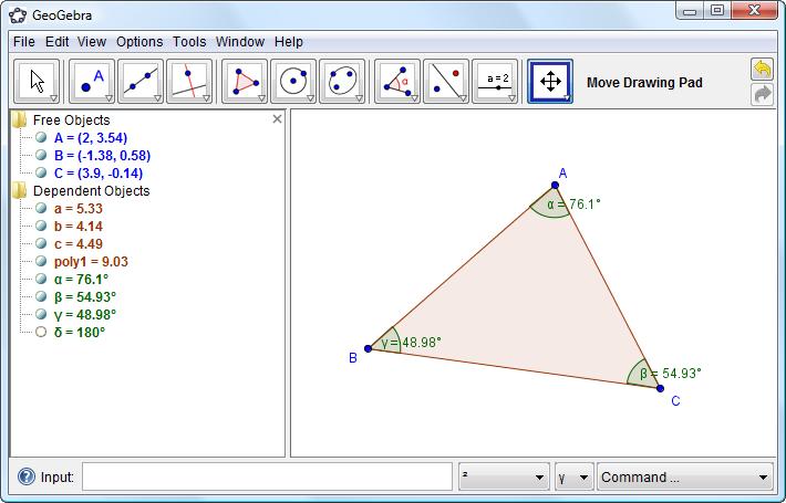 (Remember to click the first point again in order to close the polygon) Measure the interior angles: Go to the Construction Tools & select the Angle tool Select the three vertices counter clockwise