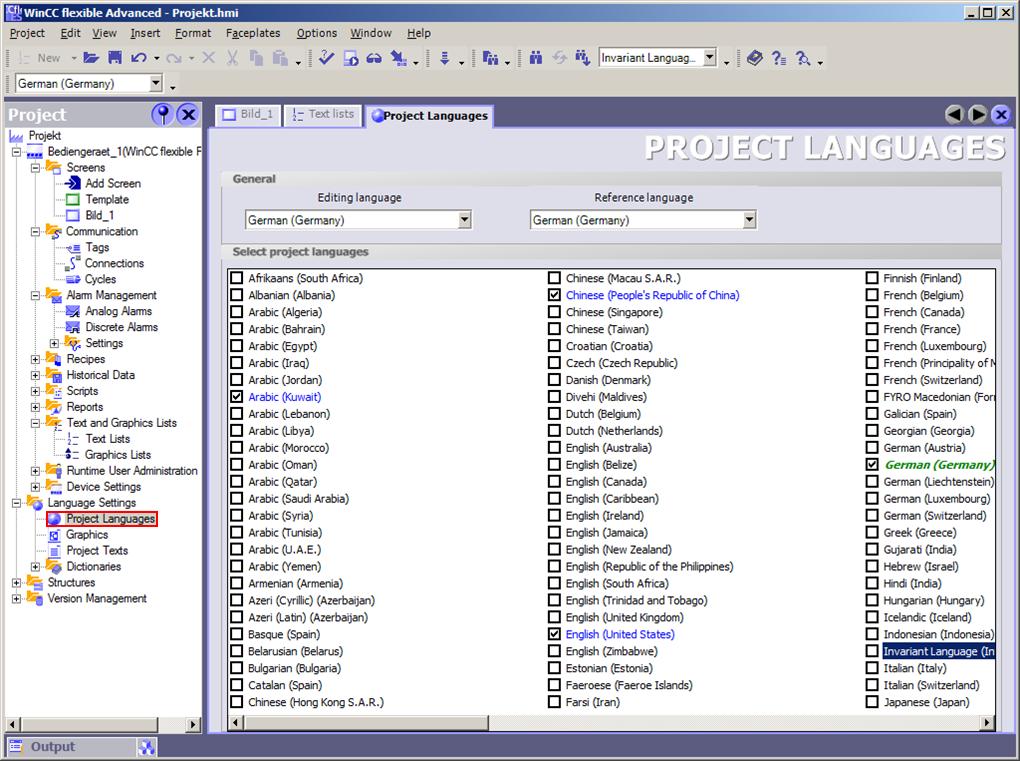 5 Integrating the Texts into the WinCC flexible HMI Project 9. If necessary, select additional languages in the HMI project.