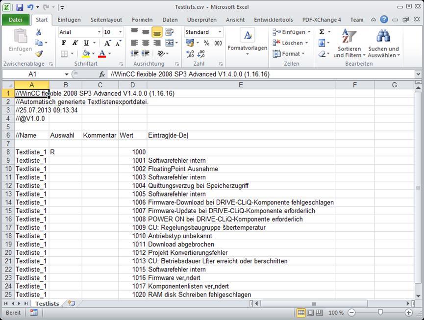 5 Integrating the Texts into the WinCC flexible HMI Project 11. Proceed as follows to insert the copied cells into the exported spreadsheet.