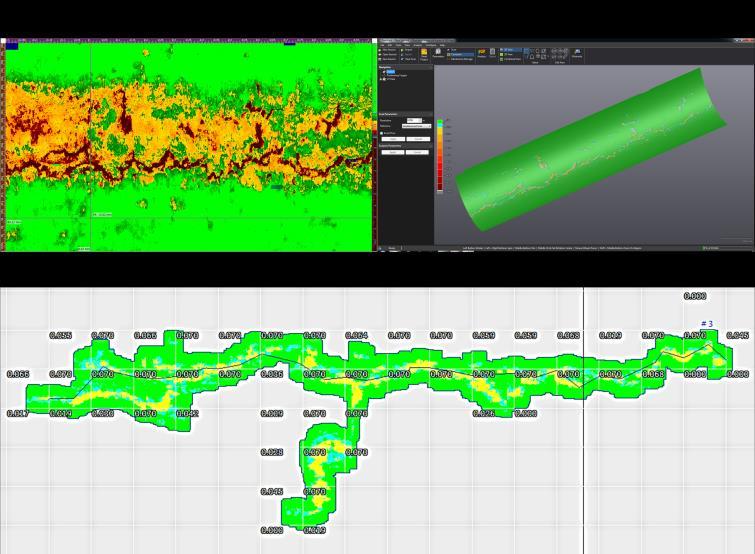 It can thereafter map the thickness values over a 3D pipe, converting a 2D data set into a full 3D corrosion mapping.