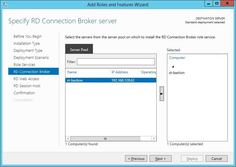 8. On the Specify RD Connection Broker server page, select the server from the Server Pool field, then add it to the selected computer field by clicking the right arrow head between the two fields. 9.