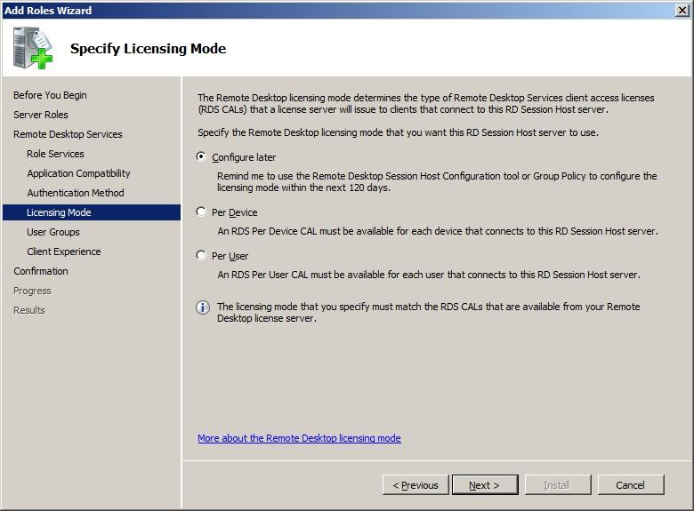 6. On the Specify Licensing Mode page, a remote desktop session license mode must be selected. If RDS client access licenses are not yet available but will be soon, select Configure later.
