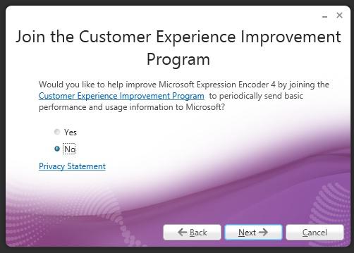 2. Click Next on the Enter product key page. There is no product key to enter. 3. Elect to join the Microsoft customer experience or not.