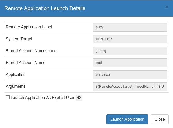 Each application also has an Advanced launch configuration. Clicking the ear icon will allow the interactive user to specify alternate credentials to connect to the target system as.