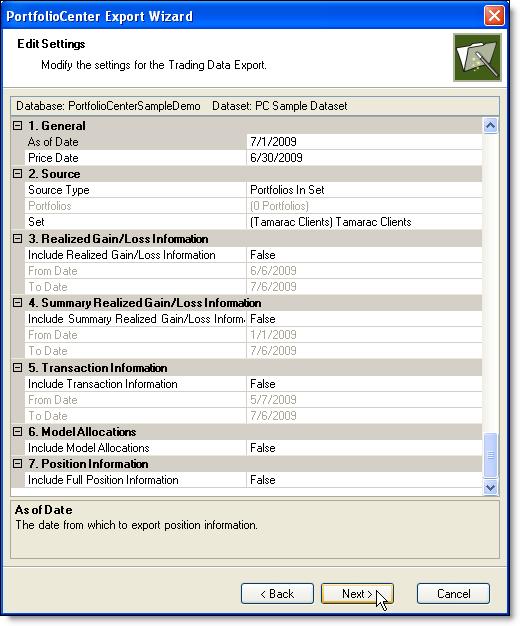 Chapter 3: Exporting and Uploading Data 7 On the Select Export page, scroll to the end of the list and select the Trading Data Export. 8 Click Next.