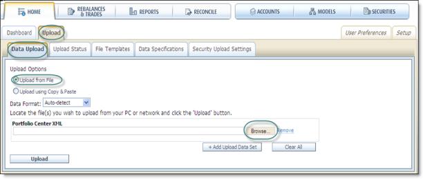 4 Under the Upload Options section, select the Upload from File radio button, and then click the Browse button to select the ZIP file exported from PortfolioCenter.