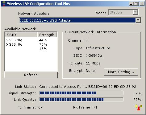 Open the XW501B Utility, you can see the Wireless LAN Configuration Tool Plus window. The adapter can be set at Station or Access Point Mode from the Mode drop down menu.
