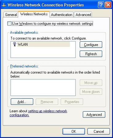 3. Choose the Wireless Networks tab in the Wireless Network Connection Properties dialog box, and uncheck the Use Windows to configure my wireless network settings checkbox. See Figure 3-4.