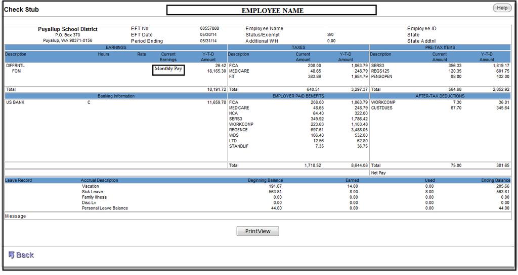 Check Stub View Your check stub will appear as below: The check stub is divided up into three sections. In the top section is Earnings, Taxes, and Pre Tax Items.