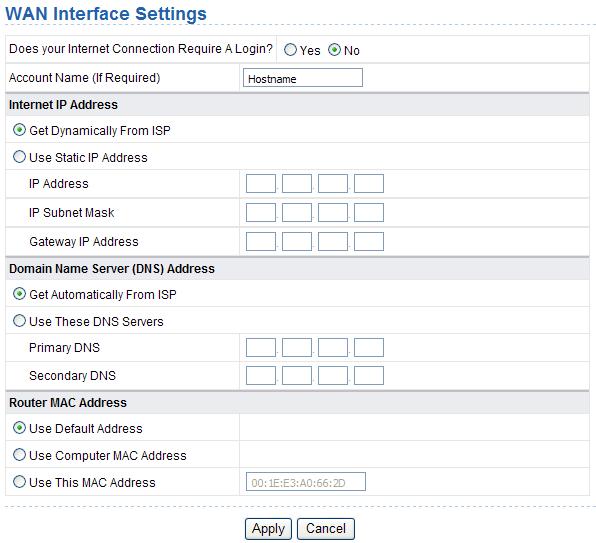 26 Network Setup WAN Interface Setup 2. WAN Interface Settings: The router supports 5 modes of WAN connection, including Dynamic IP (DHCP), Static IP (Fixed), PPPoE, PPTP, and L2TP.