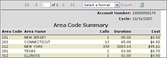 Area Code Summary This report summarizes all Area Codes called across any number of purchased services. The report output and values vary based on the number of Service Categories selected.