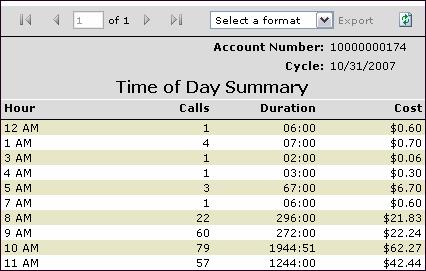 Time of Day Summary This report summarizes all calls made within a 24-hour period across any number of purchased services.