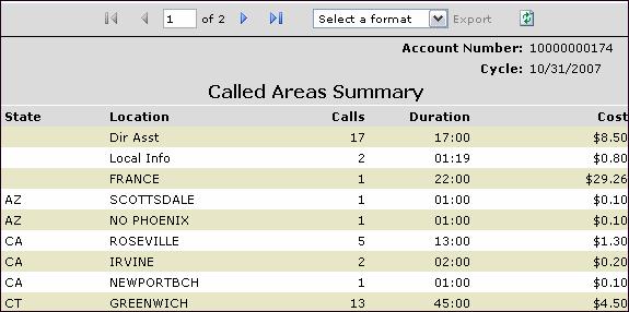 If an additional Service Category is selected (or de-selected), the GENERATE REPORT button must be pressed again to recalculate the report. 1. Click CALLED AREA SUMMARY.