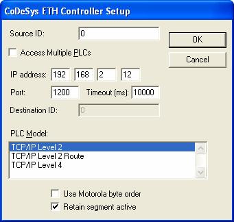 3 Setting-up the Communication with Designer 3.1 Controller Setup Figure 3 below shows the Controller Setup... dialog box for the CoDeSys ETH driver.