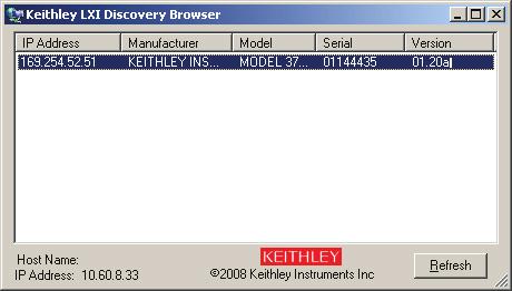Step 7: Run LXI Discovery Browser The software will populate a window with the instruments found on the network and their associated IP addresses (see Figure 8).
