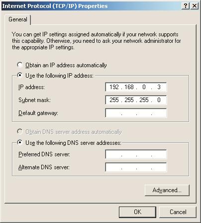 Figure A-2: Internet Protocol (TCP/IP) Properties dialog box 2. Select Use the following IP address. The option for Use the following DNS server addresses is automatically selected. 3.