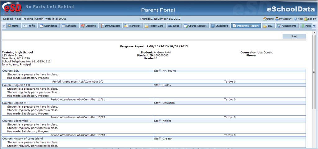 Click on the Progress Report tab to view the student s progress report.