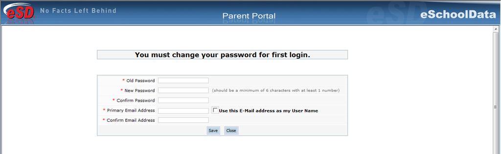 If the account has been auto-generated by the district, users will be required to establish a new Password and enter a Primary Email Address after agreeing to the Terms of Use.