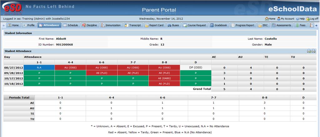 Click the Attendance tab to view the student s Attendance. Attendance will display based on settings established by the district.