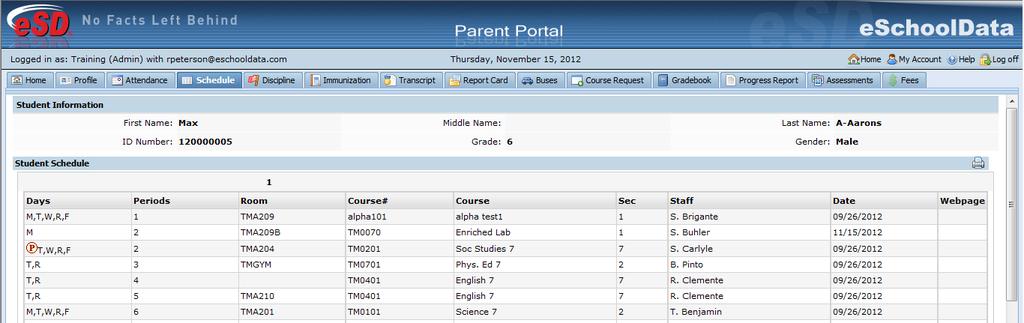 Click on the Schedule tab to view the student s schedule.