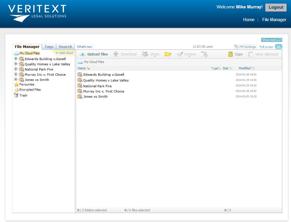 ) Be sure to include @veritext Accessing Files Once logged in, you will see the File Manager to