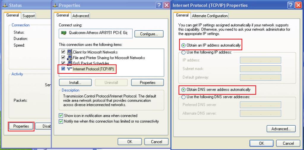 TPC/IP as Obtain an IP address automatically, Obtain DNS server