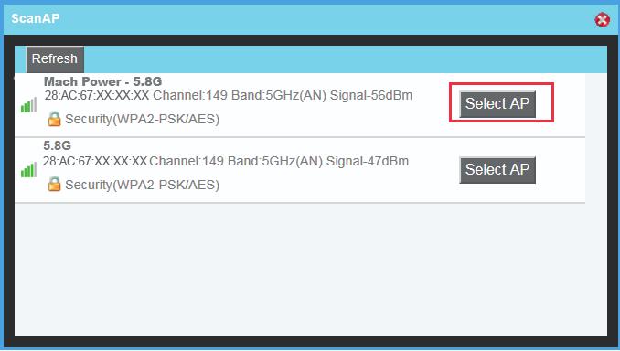 B. Select the AP s SSID want to bridge, take SR800-5.8G for example.