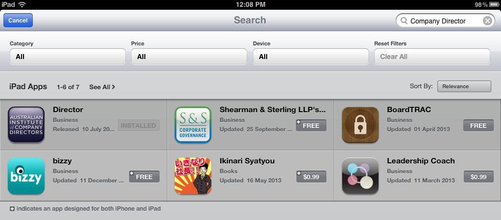 Launch the App Store (using the icon to right) on your ipad and search for Company Director in the search box (as below) 2.